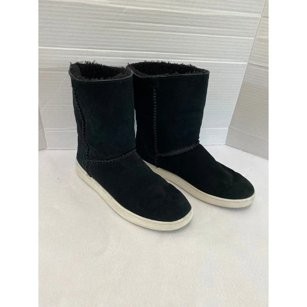 UGG 1094811 Mid Calf Boots Womens 10 Black Suede Faux Fur Lined Sneaker Sole